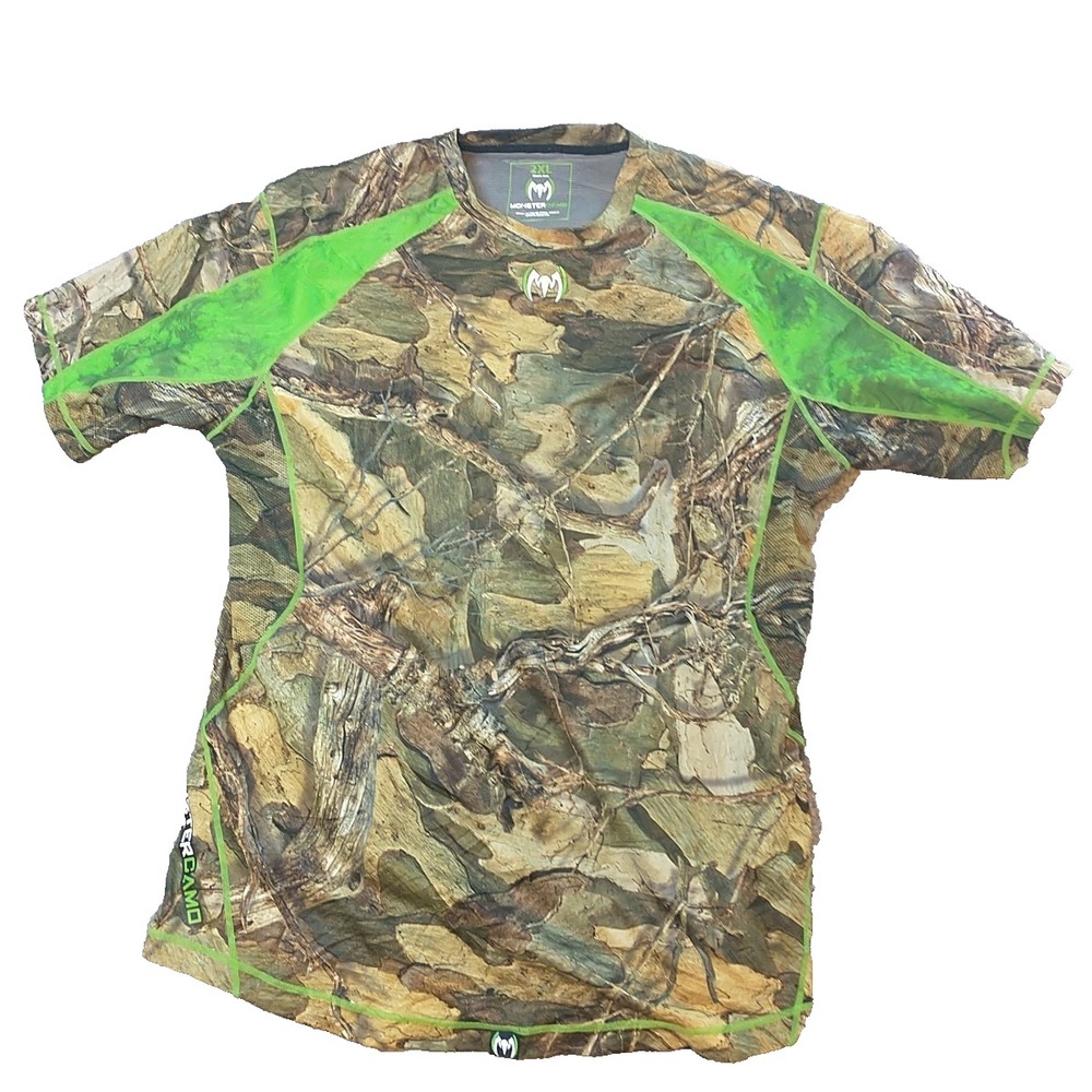 Monster Camo Mens 2XL Performance T-Shirt Real Tree Camouflage Neon Green Mesh